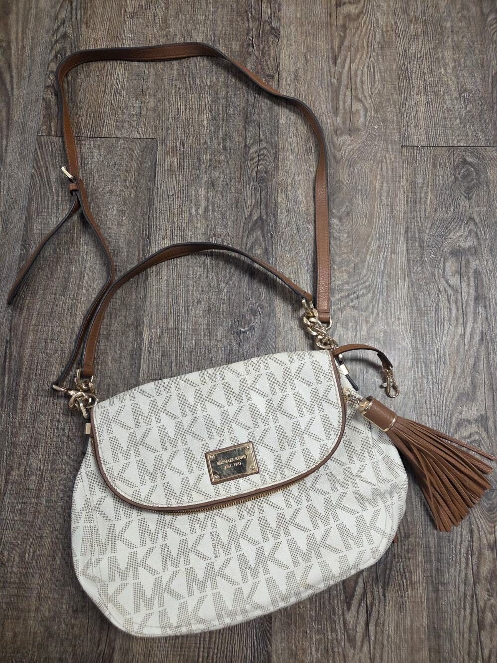 Michael Kors Signature Weston Fold-Over Canvas Shoulder Bag White Vanilla Purse